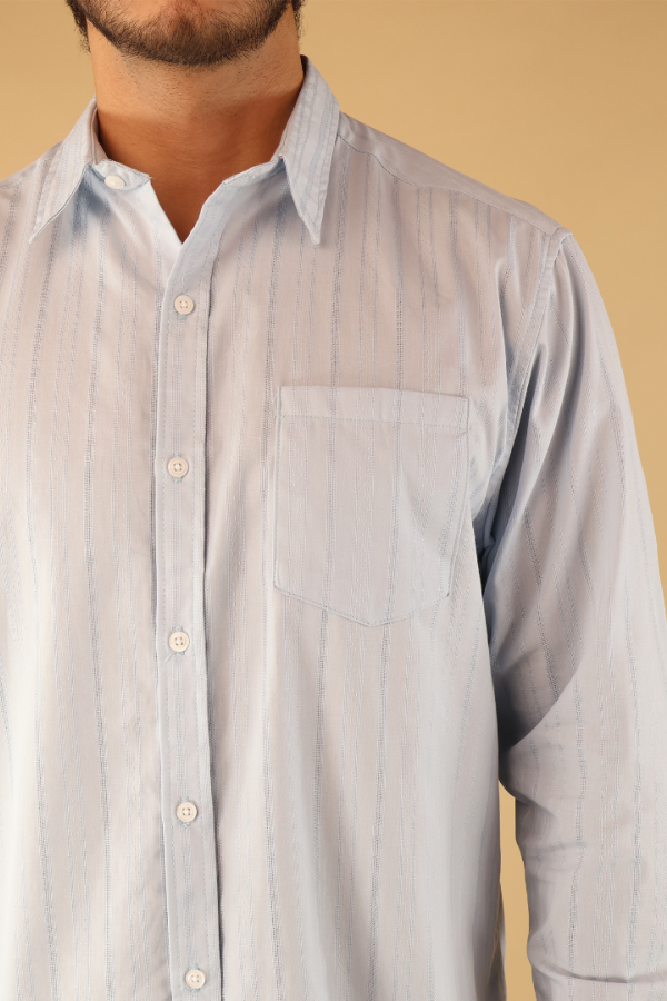 Camisa Manga Corta Azul Cielo Hombre Rayas Texturizada Elegante Fresca